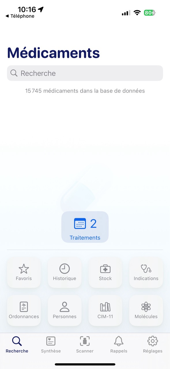 Écran d'accueil de Medico avec la barre de recherche et la grille de navigation