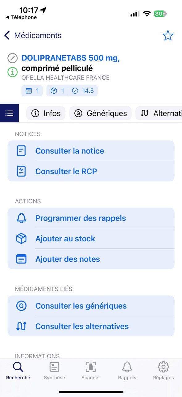 Fiche médicament Doliprane dans Medico avec les onglets