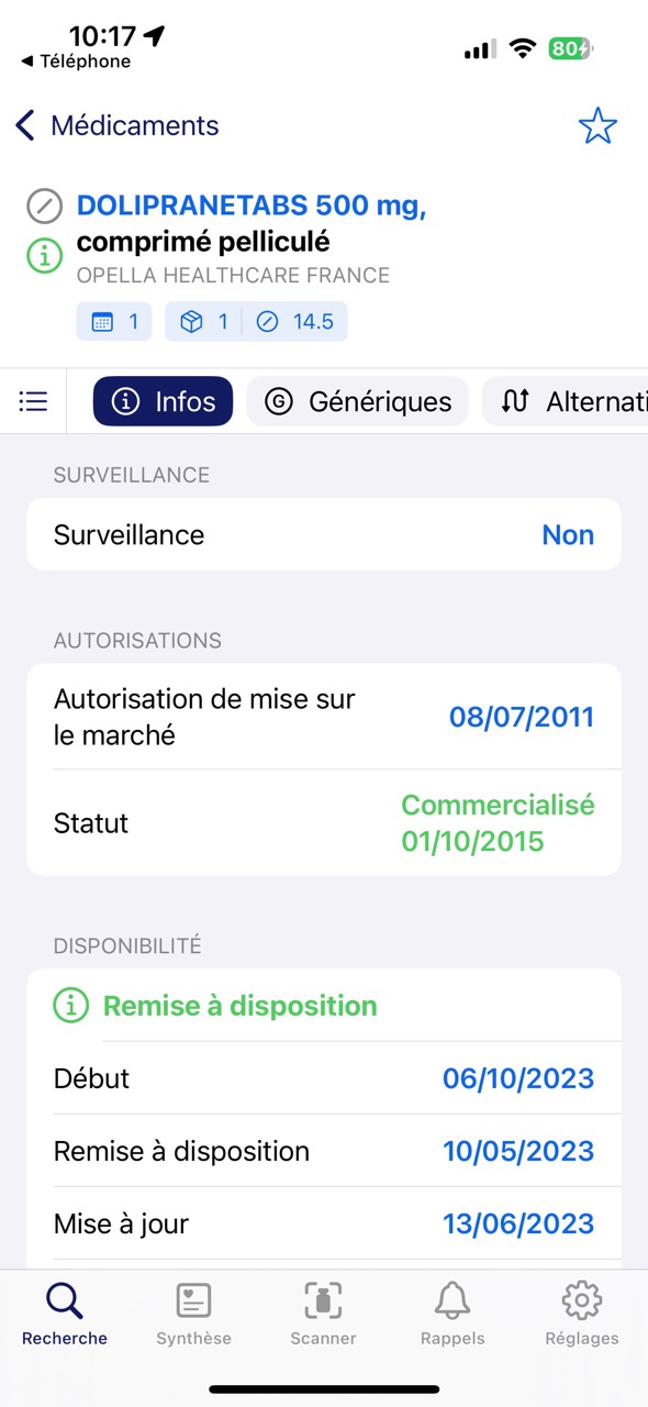 Onglet Infos de la fiche médicament