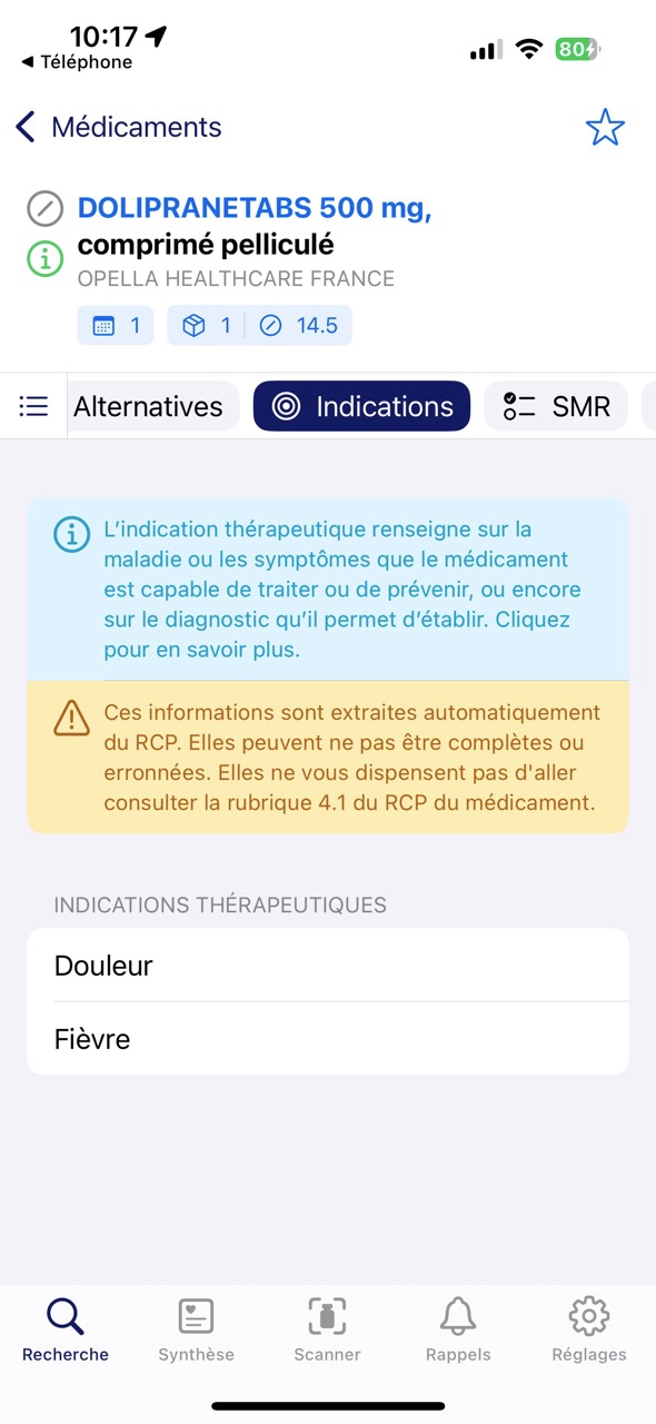 Onglet Indications thérapeutiques