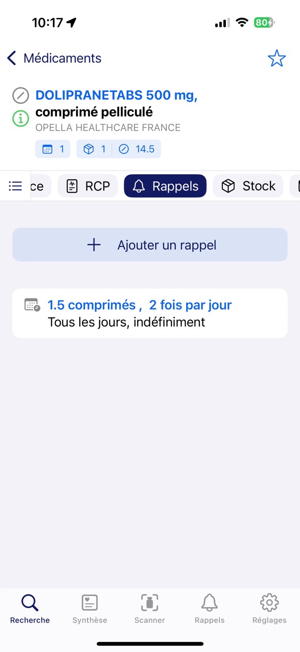 Onglet Rappels de la fiche médicament