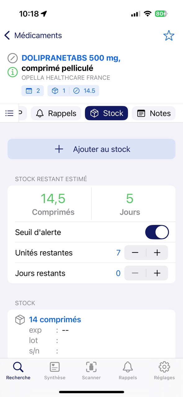 Stock restant estimé avec seuil d'alerte